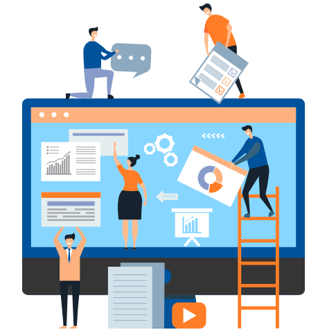 Graphic illustration of a PC with littler figures helping to assemble the web page in an arts & crafts style