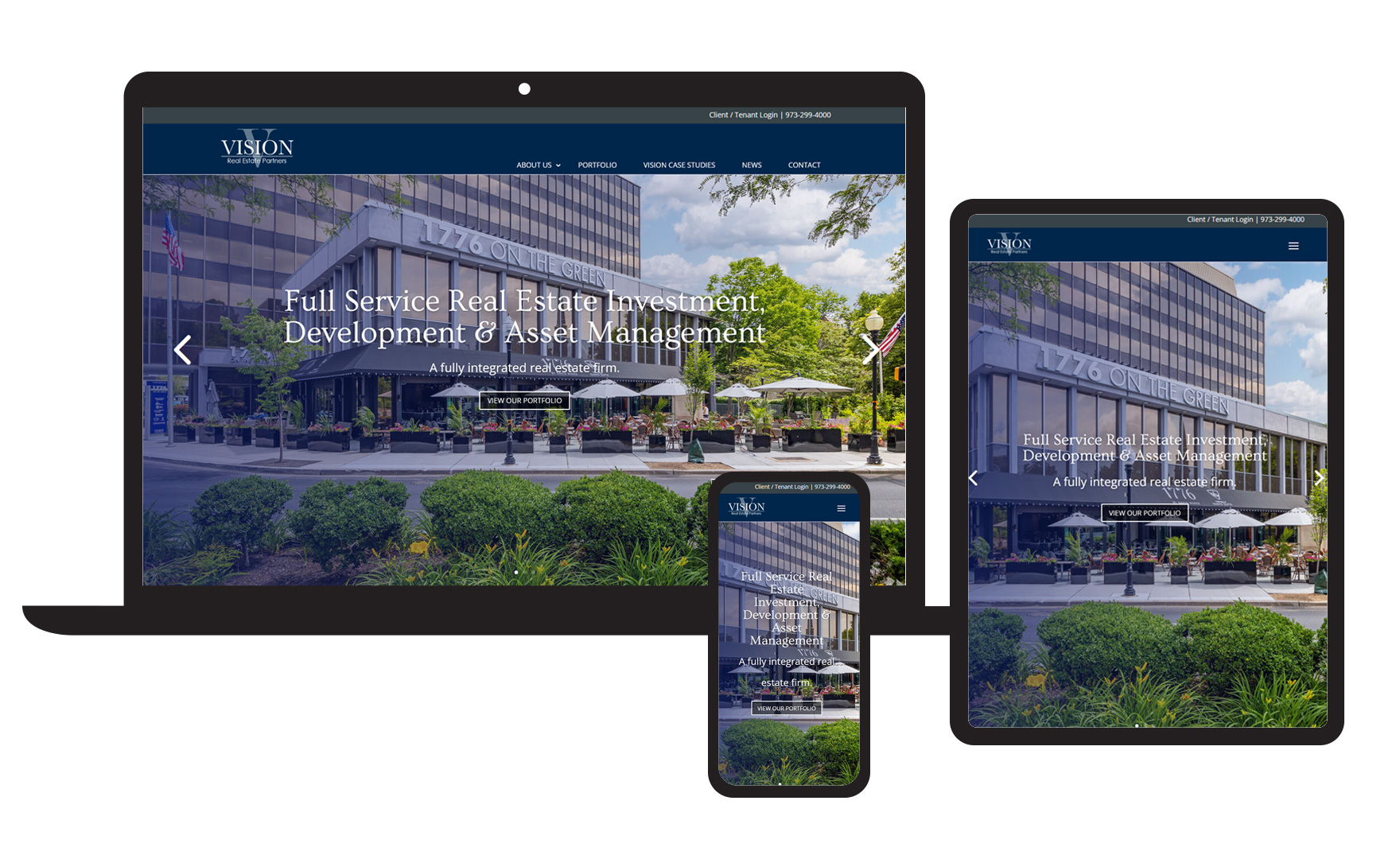 Photo of the Vision website displayed in three different devices: PC, tablet, and mobile. 