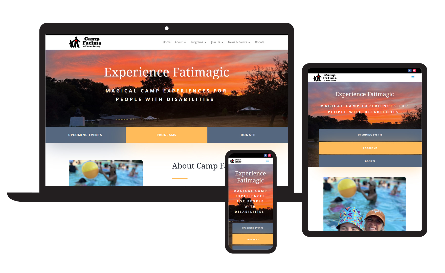Photo of the Camp Fatima of New Jersey website displayed in three different devices: PC, tablet, and mobile.