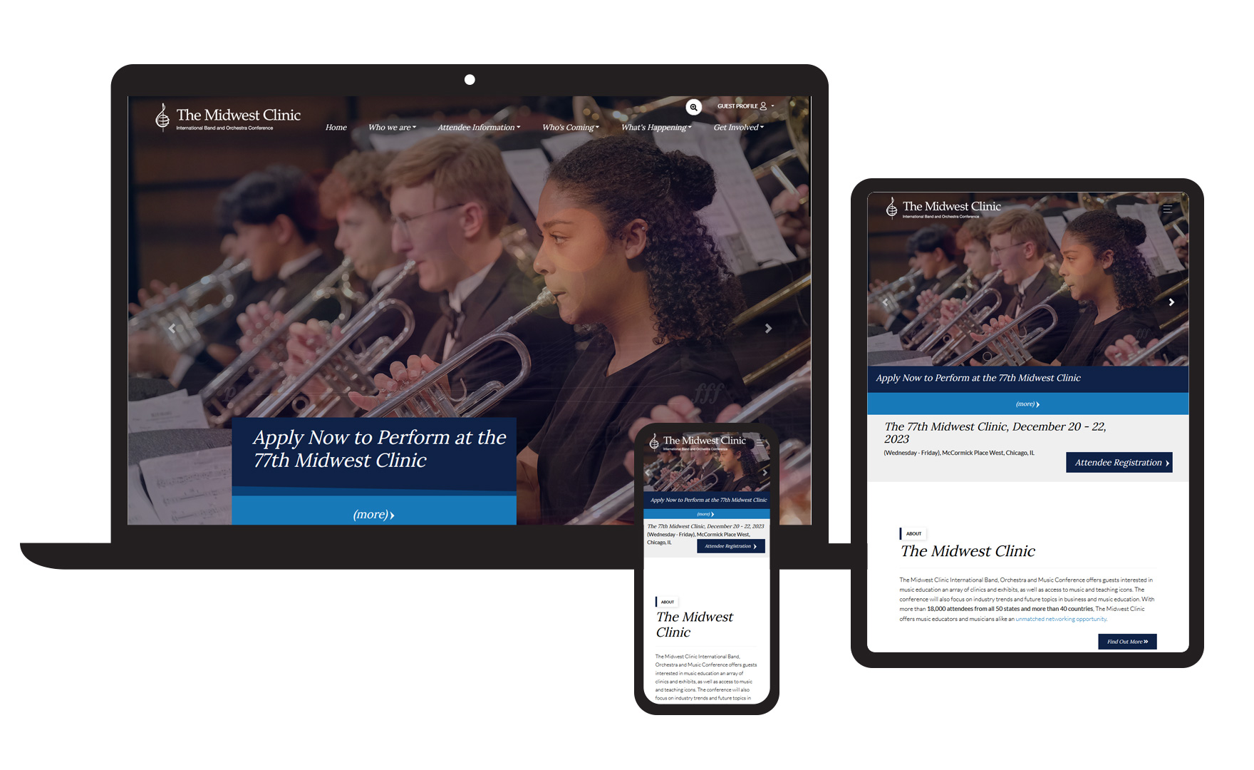 Photo of The Midwest Clinic website displayed in three different devices: PC, tablet, and mobile.