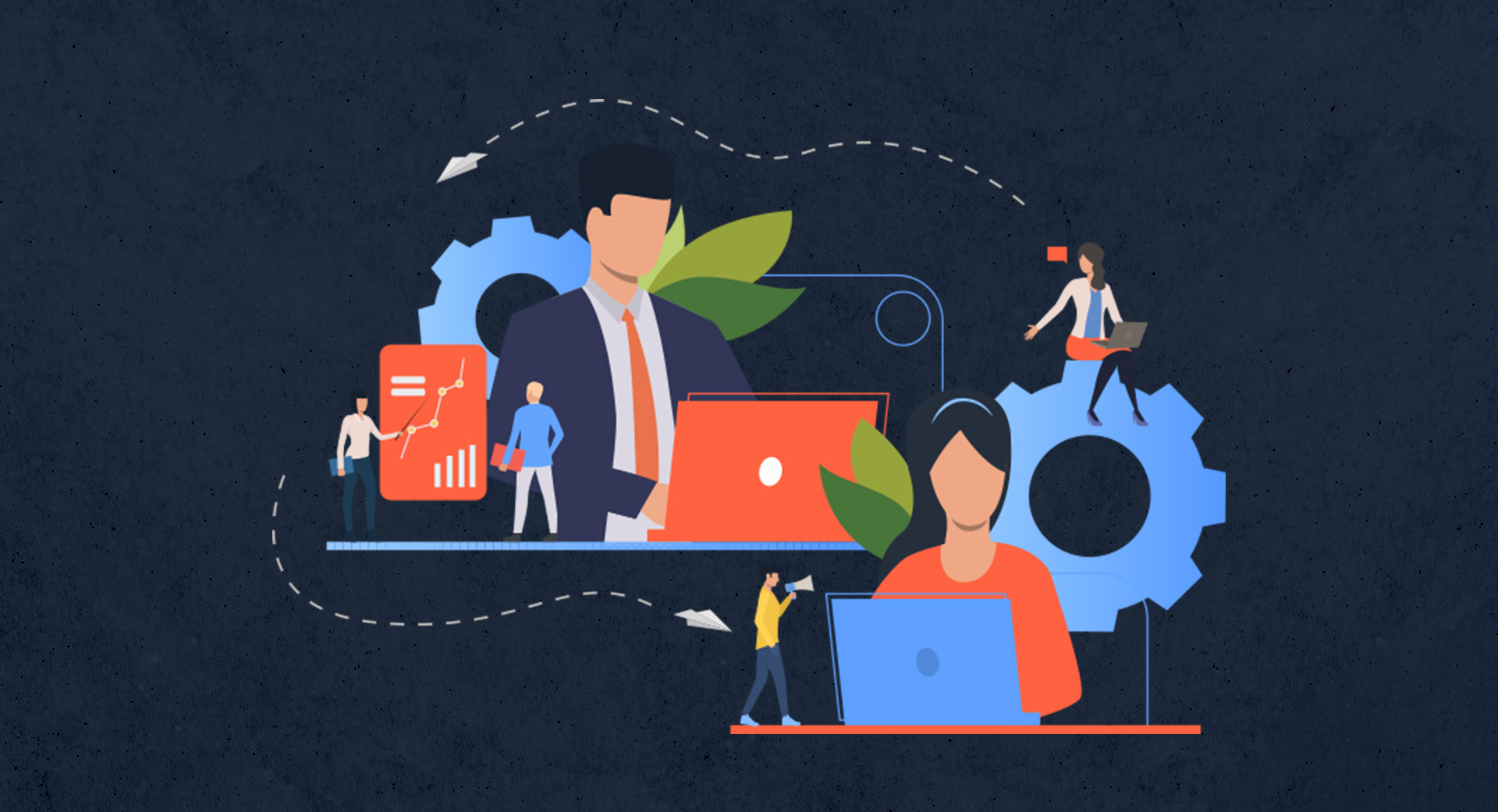sfa-image2 Illustration in blues and oranges of office workers, computers, and icons.