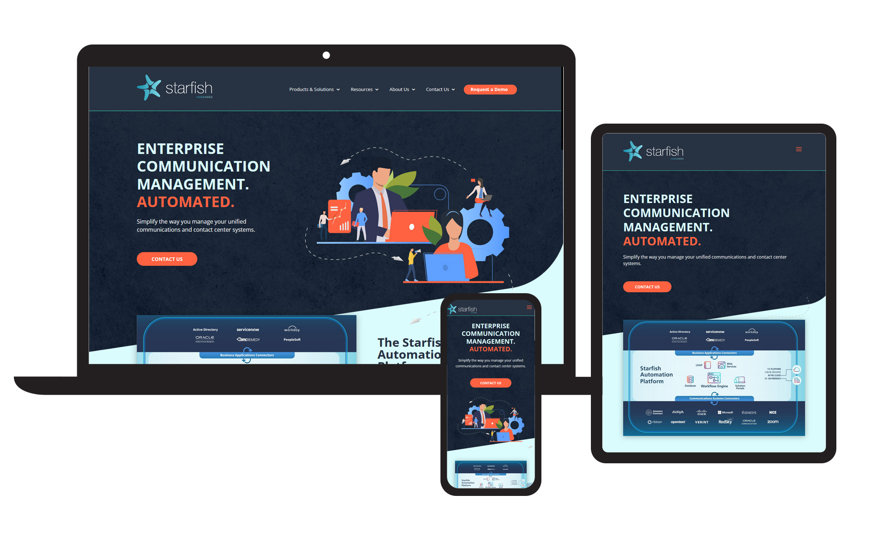 Photo of the Starfish Associates website displayed in three different devices: PC, tablet, and mobile.