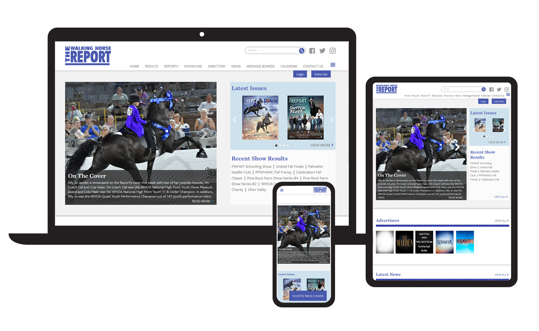 Photo of the Walking Horse Report website displayed in three different devices: PC, tablet, and mobile.