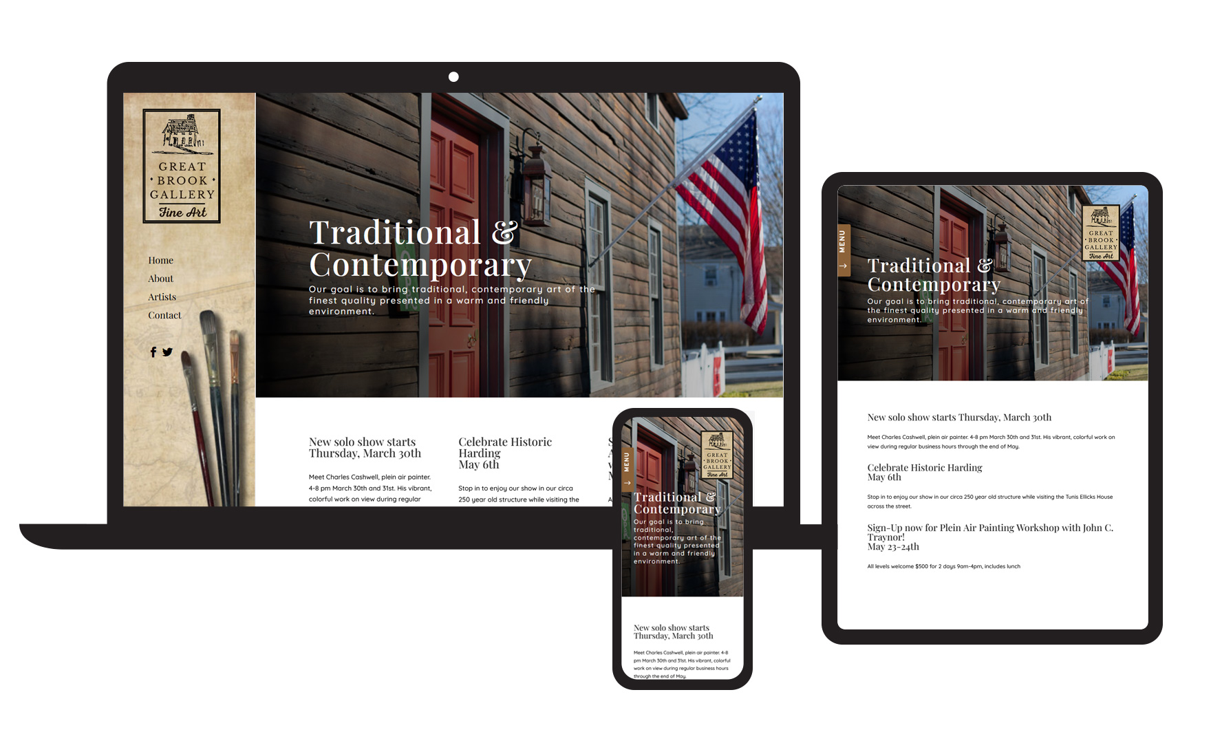Photo of the Great Brook Gallery website displayed in three different devices: PC, tablet, and mobile.