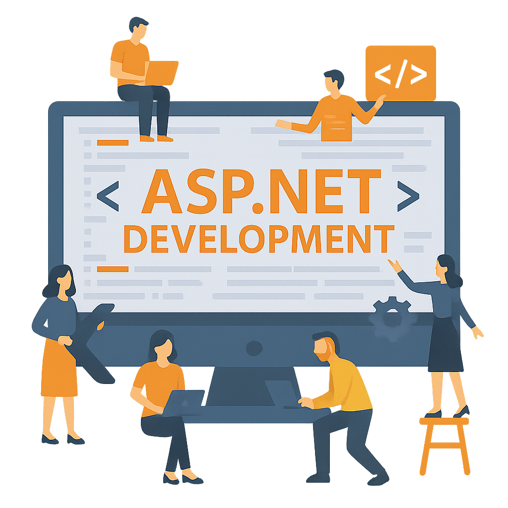 aspdotnet Graphic illustration of a PC with littler figures helping to assemble the ASP.NET Development in an arts & crafts style