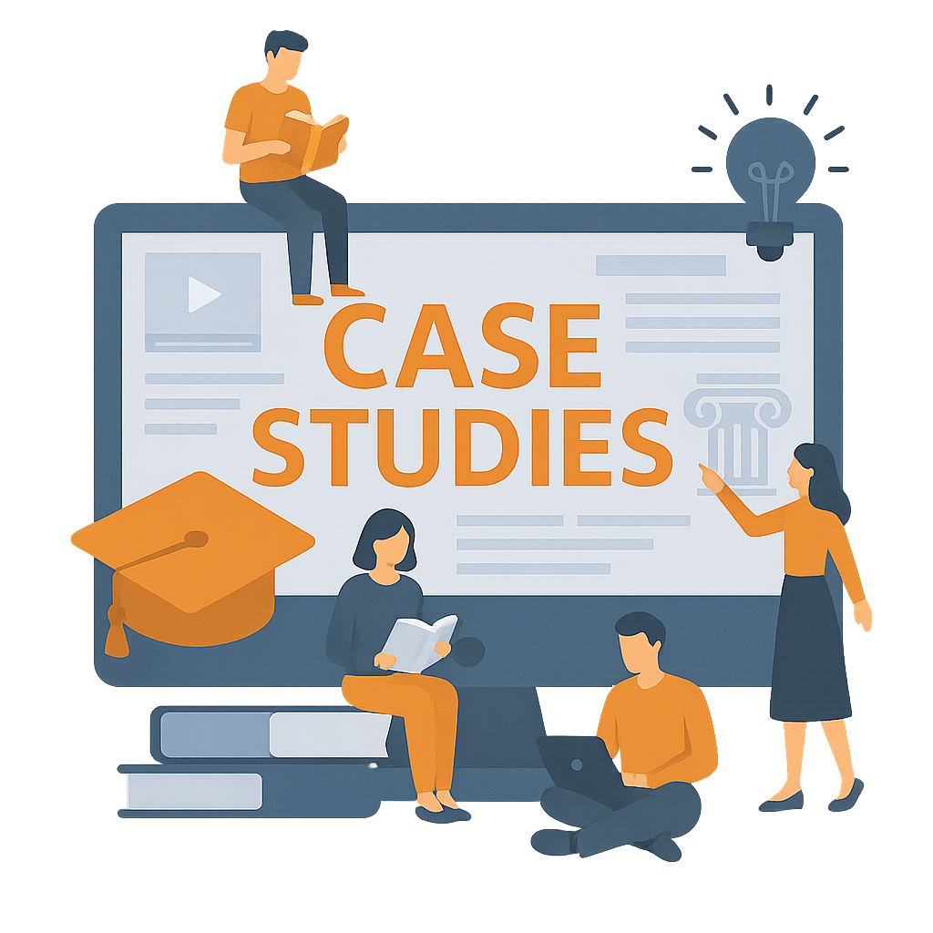 Graphic illustration of a PC with littler figures helping to assemble the Case Studies page in an arts & crafts style
