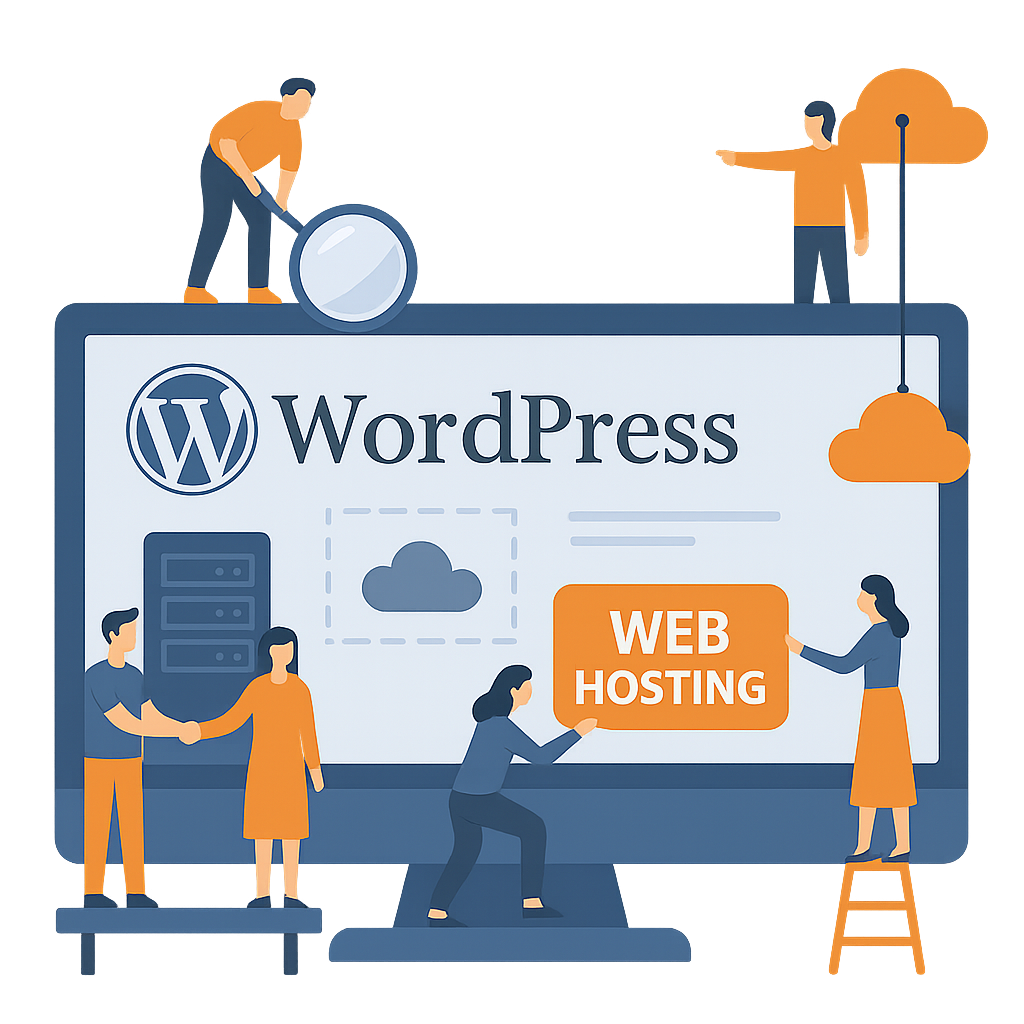 wordpress-hosting-1 Graphic illustration of a PC with littler figures helping to assemble the WordPress Hosting page in an arts & crafts style