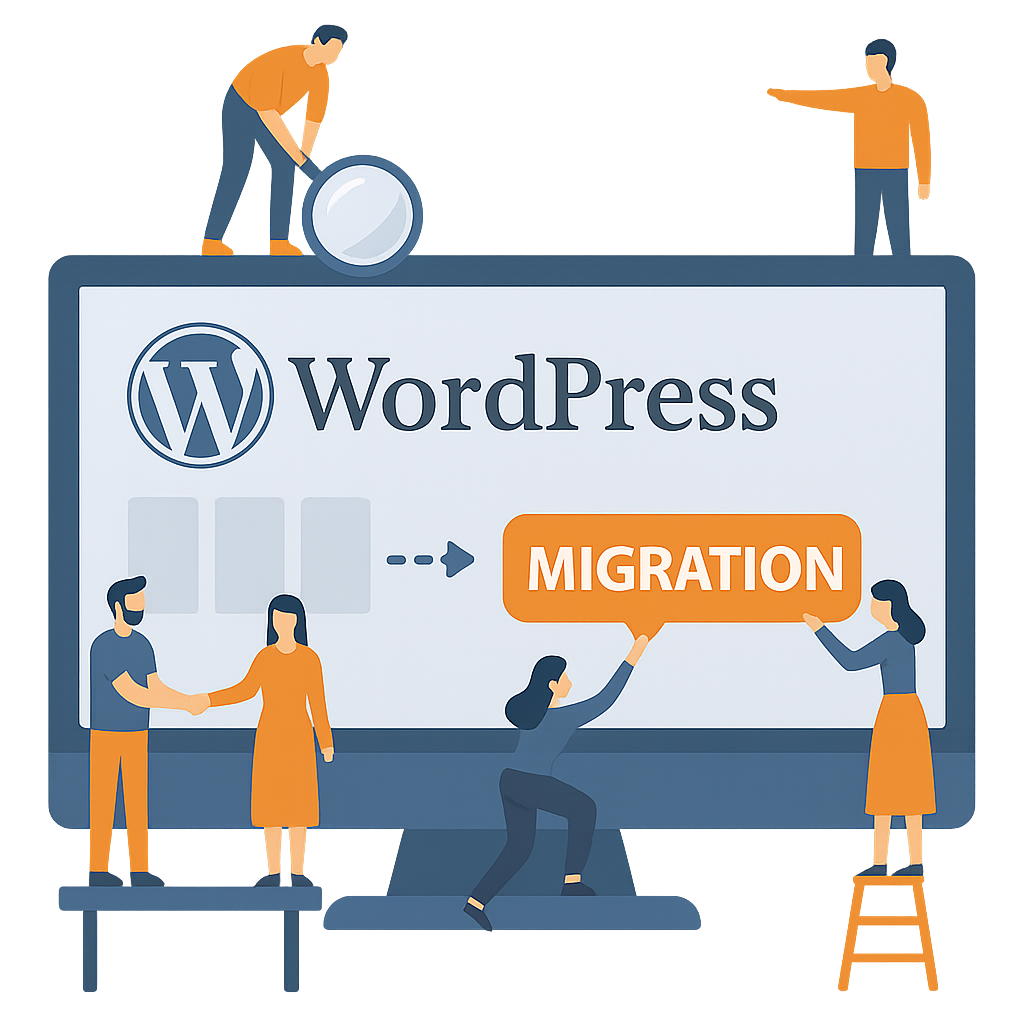 wordpress-migration Graphic illustration of a PC with littler figures helping to assemble the WordPress Migration in an arts & crafts style