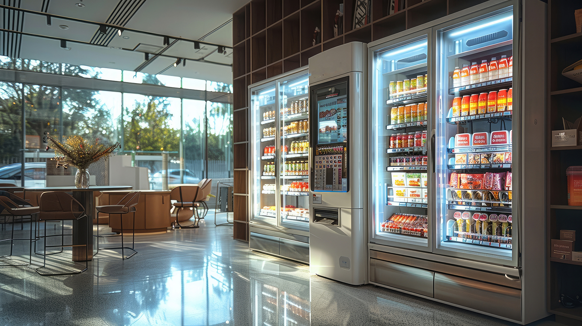 Photo of a bank of vending machines in an modern office.
