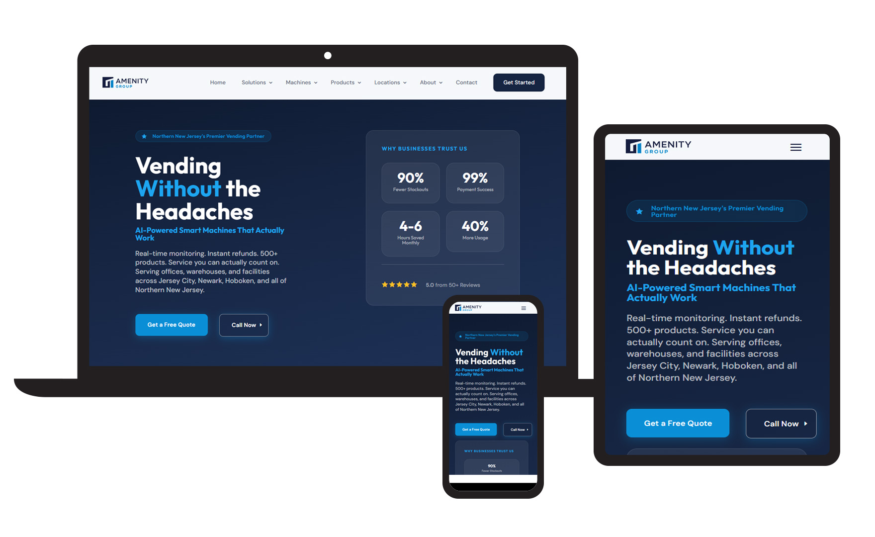Photo of the GI Amenity site in three different responsive states: PC, Tablet, and Mobile