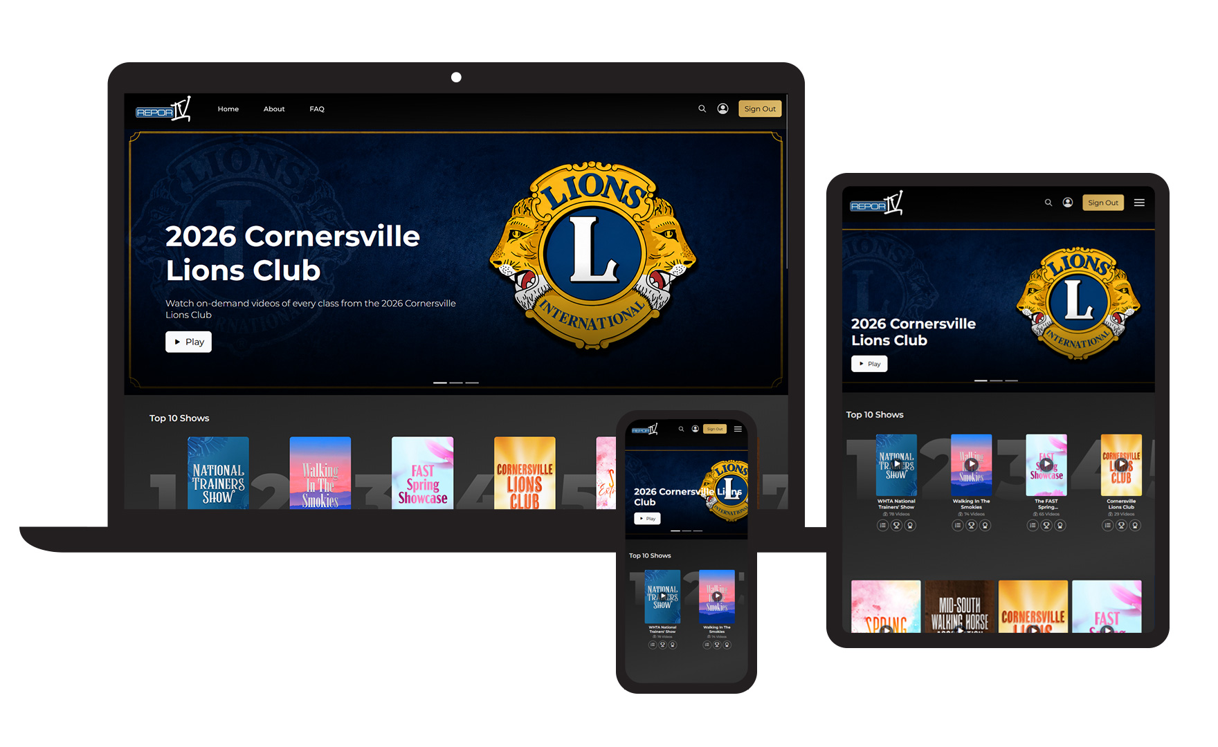 Photo of the ReporTV site in three different responsive states: PC, Tablet, and Mobile